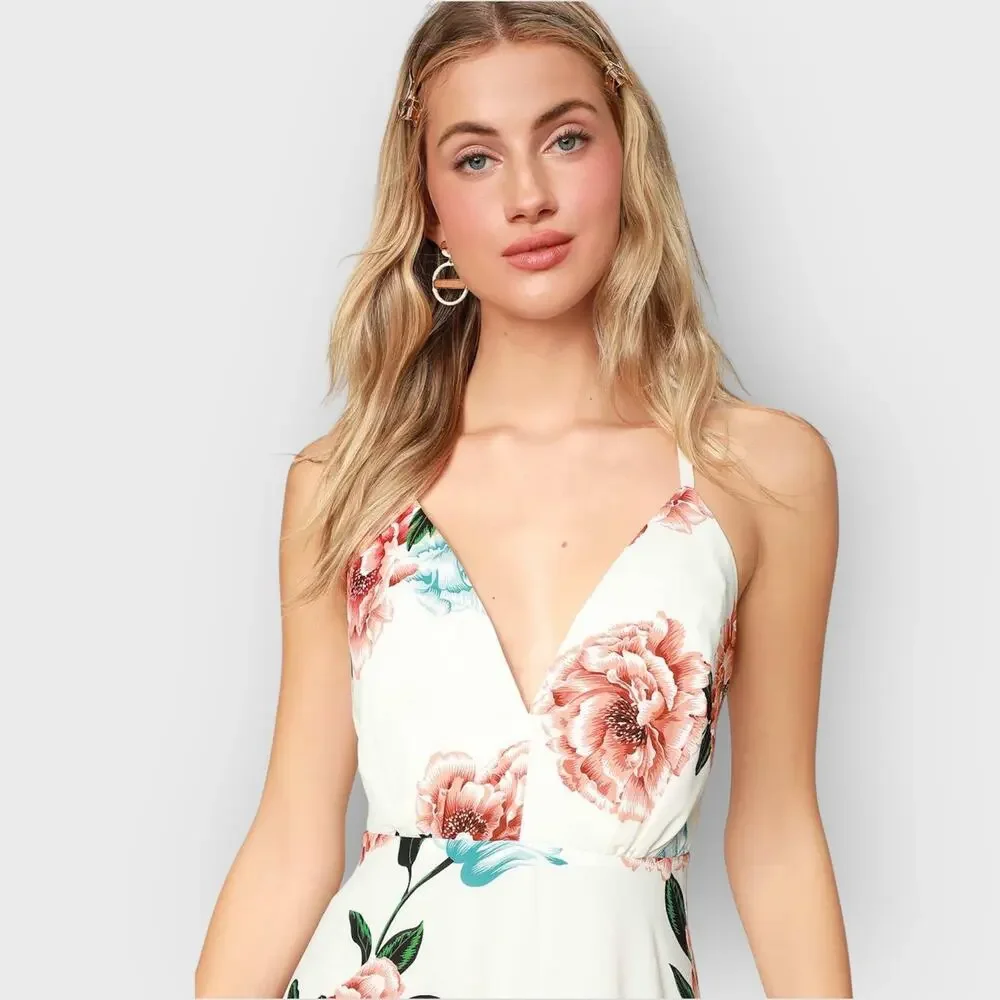 Lulus Floral Midi Dress Medium White Plunge Neck Crisscross Back Romantic Summer